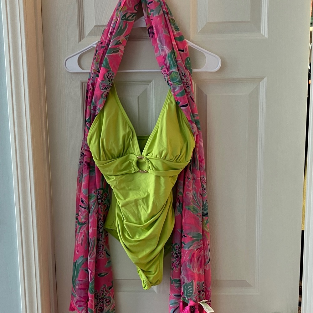 Vibrant Green Swimwear with Pink Floral Lilly Cover-Up